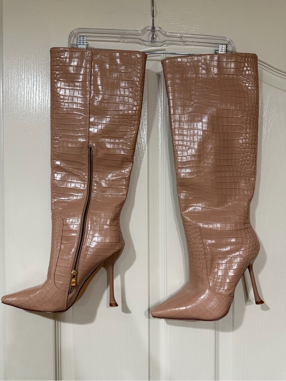 Croc-Embossed Pointed-Toe Knee-High Stiletto Boots in Taupe